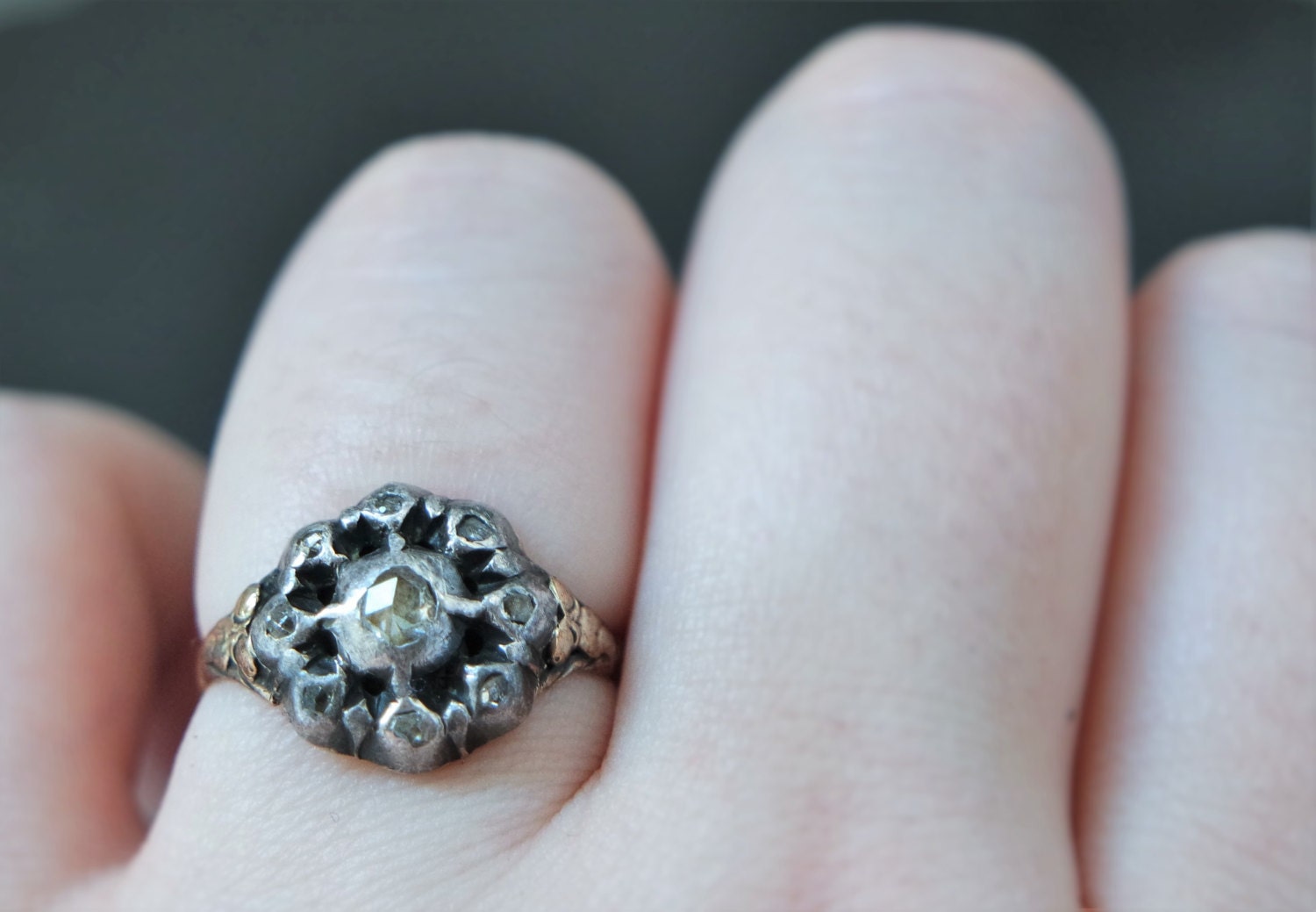 Georgian Rose Cut Diamond Gold and Silver Ring Antique Cluster