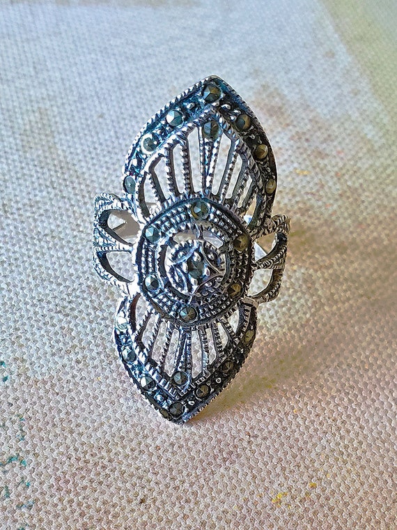 1970's Vintage Marcasite Sterling Silver Ring - image 5