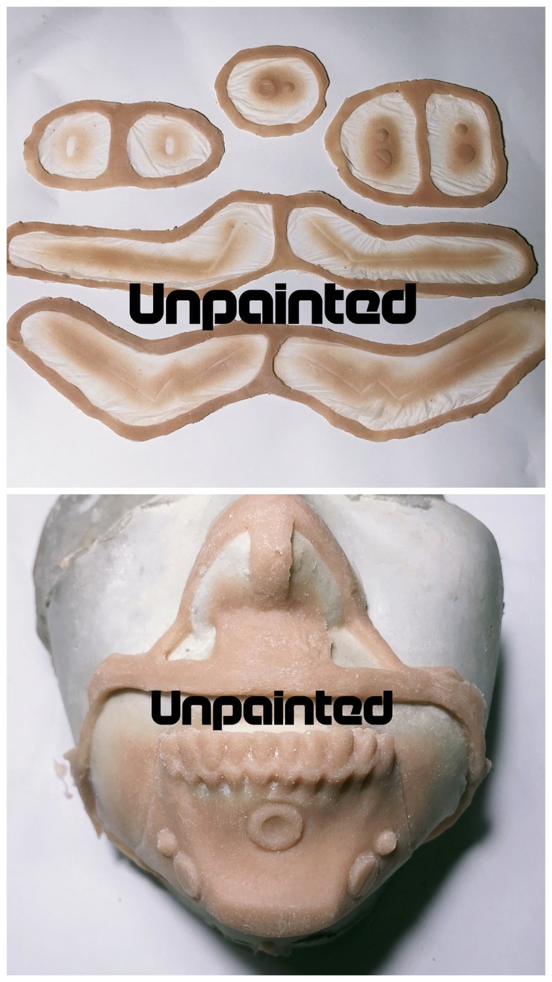 May include: Unpainted prosthetic makeup pieces for a mouth and nose. The pieces are made of a flexible material and are designed to be applied to the face. The pieces are shown in two images: one with the pieces laid out flat and one with the pieces applied to a face.