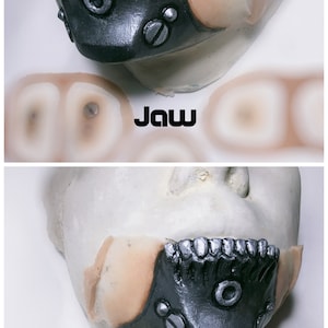 May include: Close-up of a black and silver prosthetic jaw with the word "Jaw" printed below it.