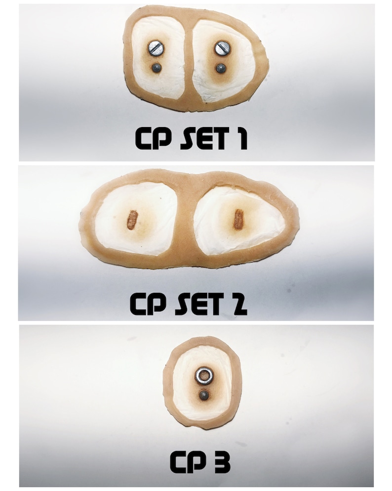 May include: Three close-up images of different sets of prosthetic eyes. The first set has two brown eyes with a silver screw in each. The second set has two brown eyes with a brown dot in each. The third set has one brown eye with a silver screw and a brown dot.