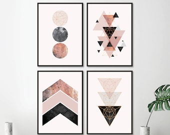 Set of 4 downloadable geometric prints in blush pink rose gold black grey Printable Art Set Poster Scandinavian Wall Art Pink Bedroom Decor