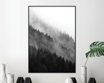 Misty Mountain Photography Print | Black and White Nordic Landscape (Digital Download)