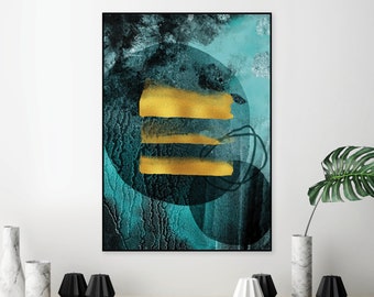 Teal and gold printable art, teal abstract downloadable print, blue green statement art, teal bedroom wall art, teal abstract art,