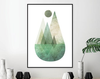 Nordic mountain printable poster green Scandinavian mountains reflection downloadable wall art print Nordic graphic design Scandi artwork A1