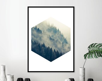 Impresión forestal, Fotografía de montaña, Niebla, Árboles, Bosque, Impresiones escandinavas, Arte escandinavo, Moderno escandinavo, Impresión de montaña, Scandi