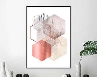 Copper pink beige abstract geometric printable Scandinavian modern art Large format digital print download Hexagonal geometrical wall art