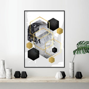 Black white grey gold downloadable art Modern hexagon geometric print Printable geometric wall art Contemporary wall decor Large poster A1