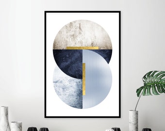 Modern blue geometric wall art download Scandi minimalist poster in navy beige gold Printable contemporary mid century artwork dark indigo