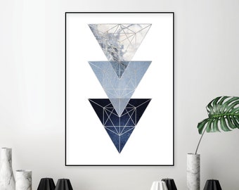 Printable minimalist poster, Living room art navy silver, Geometric art download, Downloadable triangle print, 3 triangle, Blue silver white