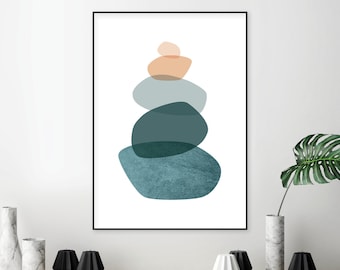 Balancing Stones Art Print, Teal Orange, Zen Decor (Digital Download)