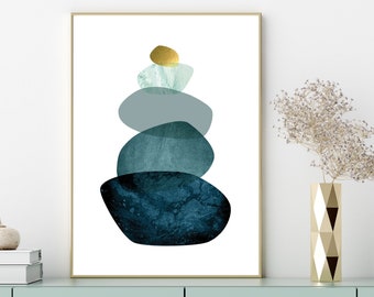 Teal Gold Balancing Stones Print, Minimalist Scandinavian Art (Digital Download)