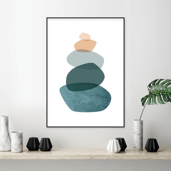 Balancing Stones printable art teal burnt orange, Minimalist poster high resolution teal orange, Pebbles balance print, Zen wall art balance