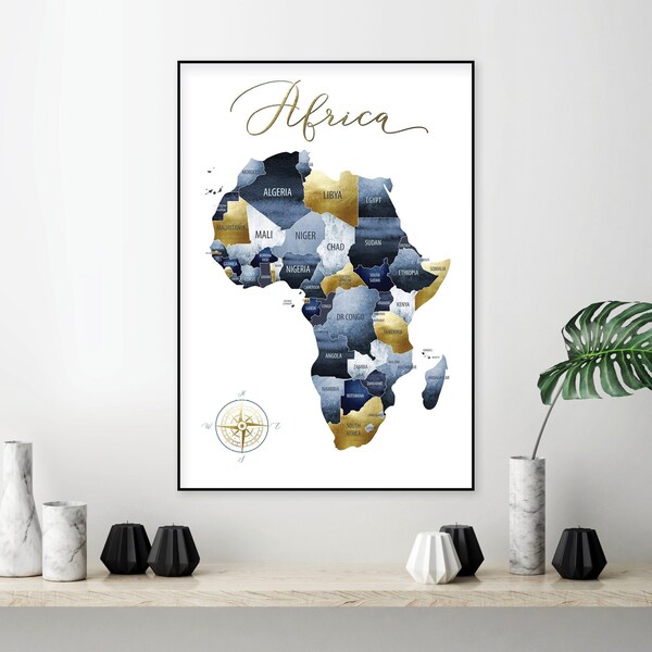 Downloadable print of Africa map, Printable wall map Africa, Large digital download, Navy blue gold, Modern African map art, Detailed map