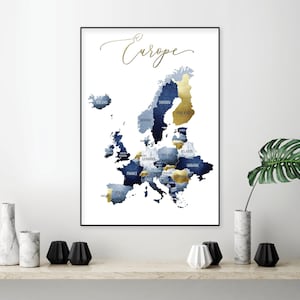 Downloadable print of Europe map, Printable wall map Europe, Large digital download, Navy blue gold, Modern European map art, Detailed map