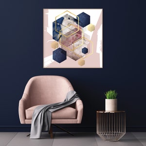 Downloadable abstract print, navy blush gold wall art, hexagon wall art, pink blue gold, hexagon abstract print, scandi abstract geometric