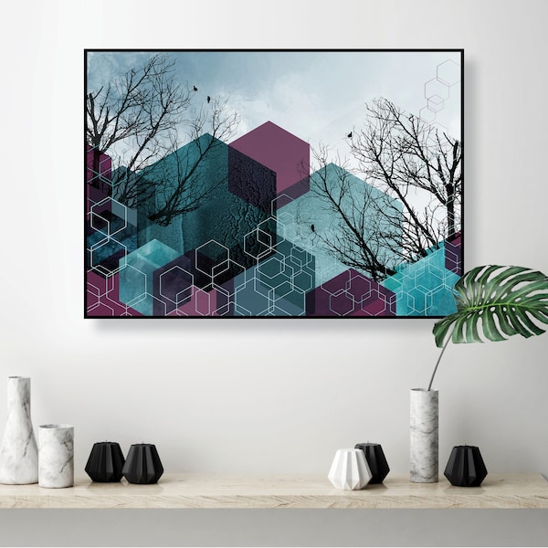 Printable art, Abstract geometric digital download, Large digital art, Modern downloadable print, Plum turquoise teal Jewel tones wall art