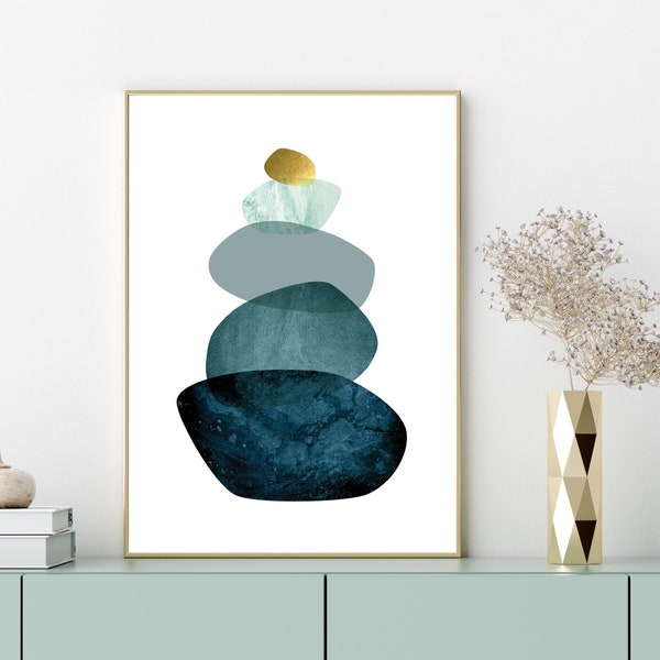 Downloadable prints, Teal and gold, Balancing Stones printable art, Pebbles print digital download, Minimalist Scandinavian poster download