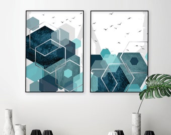 Set of 2 printable abstract art prints in teal aqua turquoise silver Downloadable geometric Hexagonal wall art Poster downloads High res A1