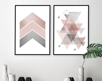 Set of 2 printable blush pink and grey geometric art prints Digital download of dusky pink grey bedroom wall decor Pale pastels Trending art