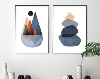 Mid-Century Mountain Print Set, Navy Blue, Orange, Scandi Art (Digital Download)