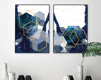 Navy Blue & Gold Geometric Prints, Set of 2 (Digital Download)