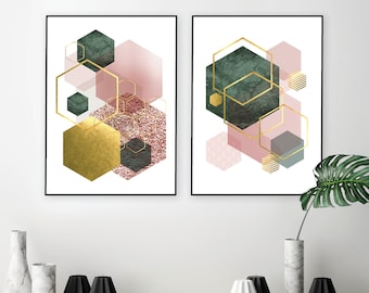 Set geometrische prints, roze, groene en gouden abstracte kunst (digitale download)