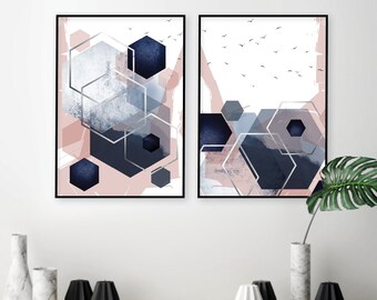 Set geometrische prints | Blushroze, marineblauw, zilver (digitale download)