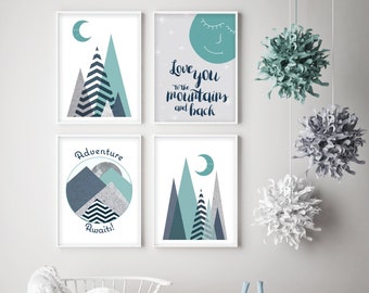 Wall art nursery printable, Scandinavian mountains, Nursery wall art teal navy, Mountain art downloadable, Teal navy grey, Set of 4 nursery