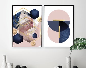 Blush navy gold set of 2 printable abstract Digital download pink blue golden Scandinavian abstract geometric wall decor Trending wall art