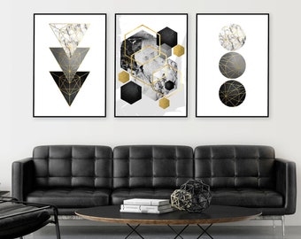 Set of 3 prints, Geometric downloadable prints, Black grey gold, Printable wall art, Black white, Geometric art set, A1 posters, elegant