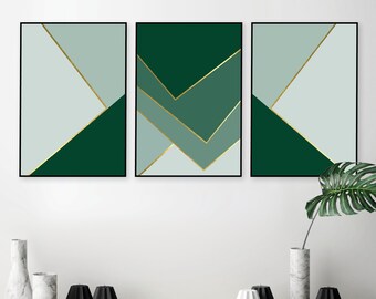 Set of 3 printable posters, Emerald green gold, Living room art, Large digital download, Geometric wall art, Minimalist artwork trio glam