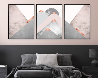 Printable art Downloadable prints Set of 3 Mountains Blush Pink Grey Copper Scandinavian Modern Contemporary Poster Wall art decor Triptych