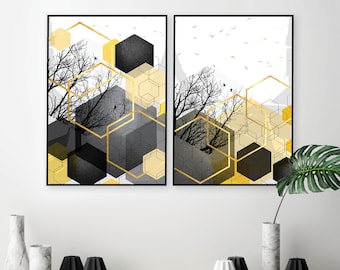 Black yellow grey gold printable art Set of 2 matching downloadable prints Abstract geometric Yellow gray large modern poster A1 24x36 18x24