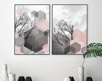 Abstract Geometric Wall Art Prints, Pink & Gray Hexagon Decor (Set of 2) (Digital Download)