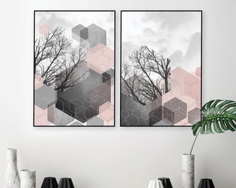 Geometric abstract printable art Set of 2 Blush pink grey wall art Downloadable prints Digital prints pink dark grey Hexagon art A1 18 x 24"