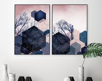 Set of 2 Blush pink navy geometric abstract printable art Downloadable digital prints pink indigo blue Hexagon art Elegant art for bedroom