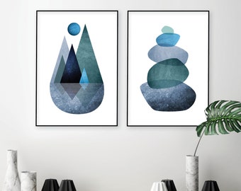 Teal Blue Mountain Reflection Print Set, Balancing Stones (Digital Download)