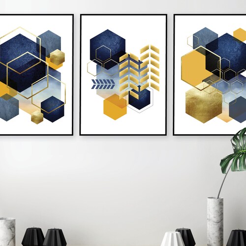 Mid Century Wall Art Set of 3 Prints Navy Blue and Mustard - Etsy
