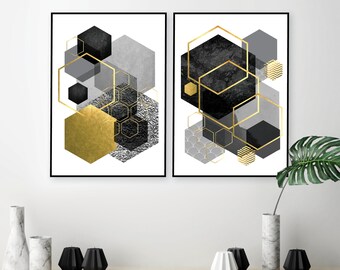 Geometrische kunstafdrukken, zwart, wit, grijs en goud set (digitale download)