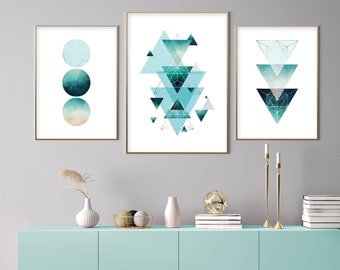 Set of 2 printable abstract art prints in teal aqua turquoise silver Downloadable geometric Hexagonal wall art Poster downloads High res A1