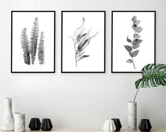 Downloadable set of 3 botanical prints black white monochrome Printable art Australian gum leaves fern fronds Print set Wall art Wall Decor