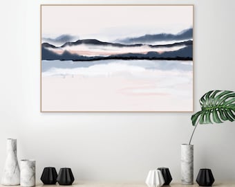 Printable wall art blush navy, Minimalist watercolor, Blue pink bedroom decor, Modern horizon wall art, Minimalist watercolor, Landscape art