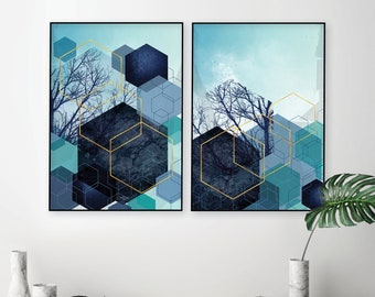 Blauwgroen en marineblauwe geometrische kunstprints, set van 2 (digitale download)