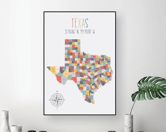 Texas State Map Print, Coral Teal Yellow, Large Wall Art (Digital Download)