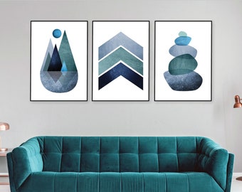 Printable set of 3, Navy blue teal green, Geometric printable art, Downloadable posters, Digital download, Balancing Stones, Mountains 16x20