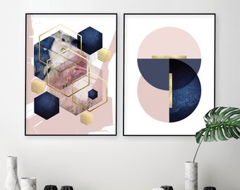 Printable navy blue blush pink gold abstract geometric art, Set of 2 matching digital downloads blue pink, Large Living room art 30x40 36x48