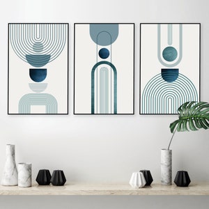 Printable modern mid century set of 3 teal green blue, Downloadable navy teal wall art, Digital wall art set, Matching art, Living room art