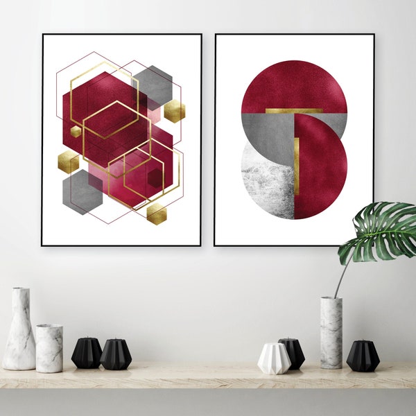 Downloadable print, Geometric set of 2, Matching prints, Burgundy grey gold, Printable art duo, Modern artwork, Living room art, digital art