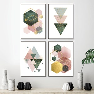 Set of 4 printable blush pink hunter green and gold geometric art prints Digital download bedroom wall decor Trending now wall art 61 x 91cm